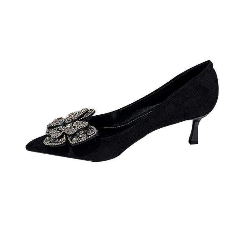 Black Suede Rhinestone Bowknot Pointy Stiletto Heels 770222542136 - COCOMELODY